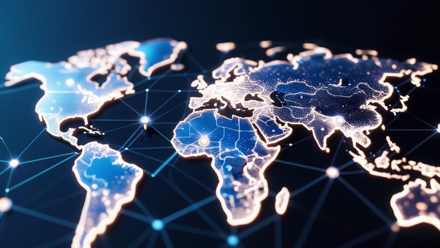 Global network visualization showing interconnected world map